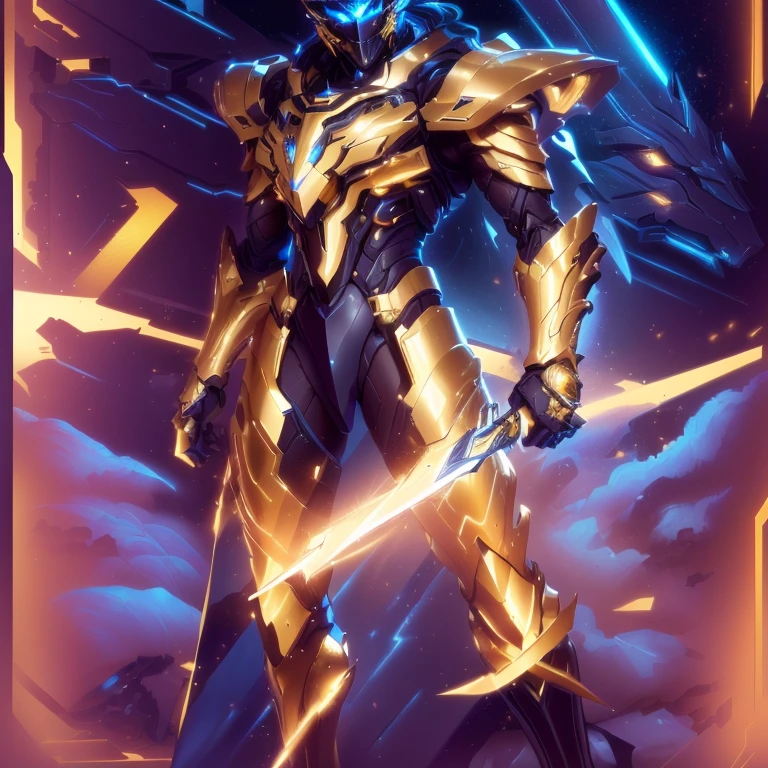 There is a man in a suit with a sword in his hand., cyber fighting armor, shining armor e elegante, intricate and shining mecha armor, cybernetic armor, gold paladin, the golden cat knight in armor, golden armour, cyber suit, gold obsidian armor, epic paladin armor, high quality warframe fanart, heavy gold obsidian armor, shining armor