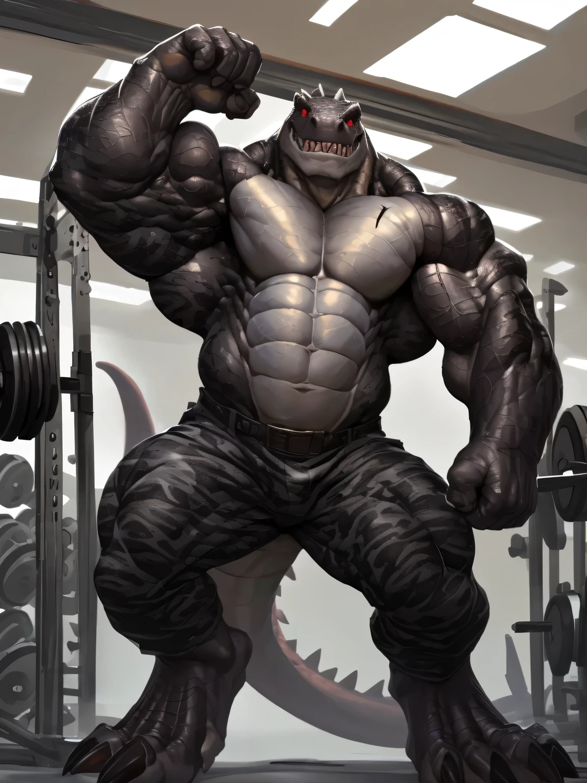 solo, anthro, furry male, T-Rex, ((detailed muscles)), (T-Rex print), black scales, white belly, short spiny scales, Front Double Biceps Pose, bodyguard outfit, black claws, red eyes, slit eyes, slim fit, muscular slim, gym, menacing, menacingly handsome, detailed red slit eyes, pecs, tail, hind leg, looking forward, (Masterpiece, by null-ghost, hi-res, 8k), black military outfit, black camo pants, forward pov,