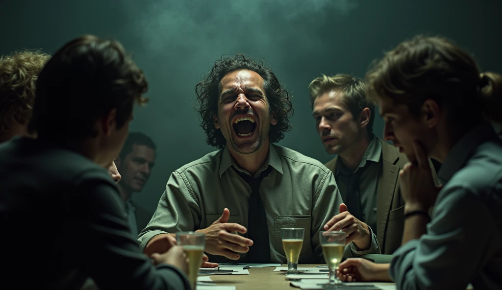 A twisted dramatic scene from A person who never succeeds in his job, desperate, fake laugh, next to fake friends.