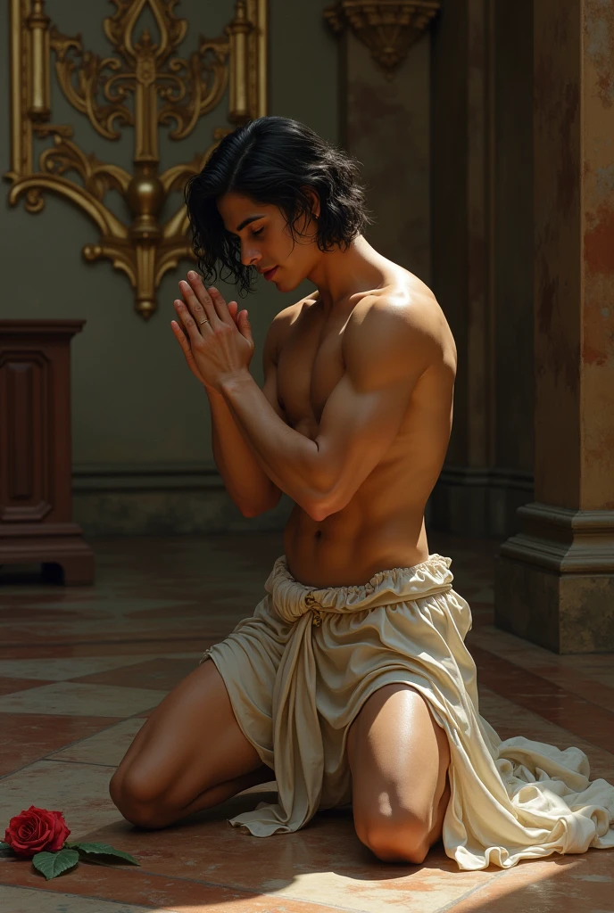 in jc leyendecker and paul cadmus art style, dide view shot, "the prayer", fullbody, a young latino man on his knees, soft colors, with a peacefull look, shirtless, pantless, smiling, peacific gaze, perfect anatomy, praying in a church, realisitic skinny detailed muscles, muscled legs, handsome, gorgeous, man adventurer, latino, rose, smirk, short bob haircut, ruffles, silk, reach intricate neoclassic church background, realism close up portrait, oil painting, masterpiece, shadows, expert, insanely detailed, 4k resolution, caravaggio, john william waterhouse, By Caravaggio colours, chiaroscuro, mtg, dnd, fantasy, Mysterious