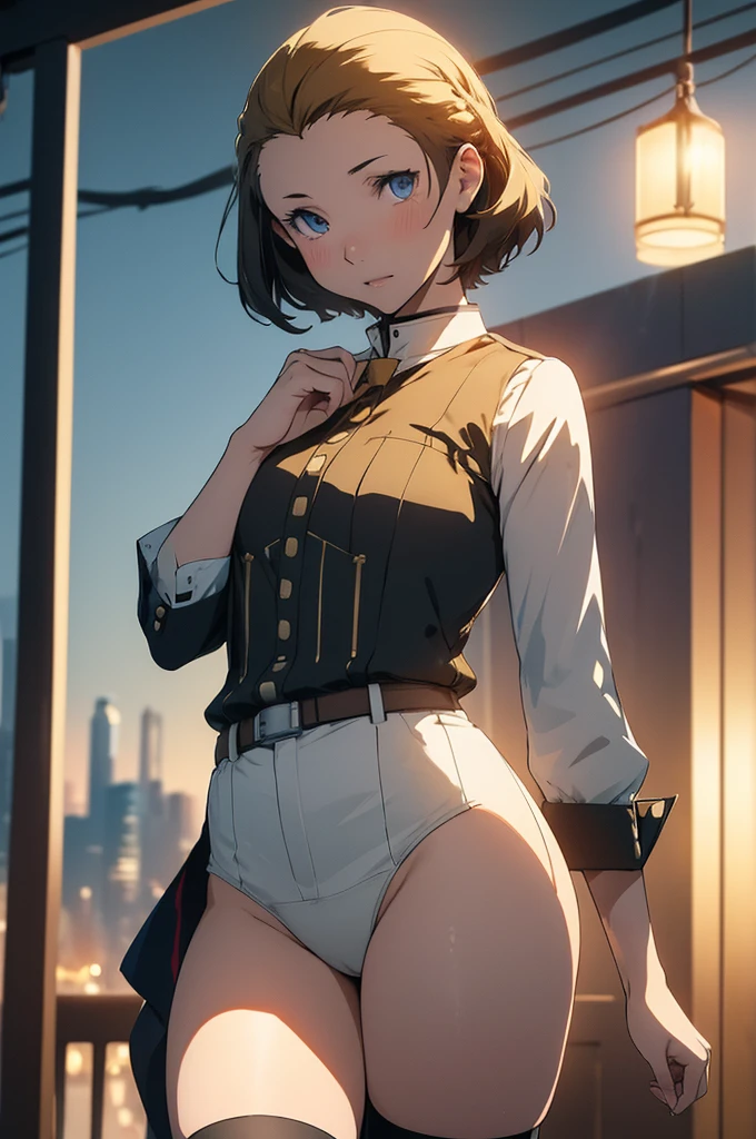 (Best quality, Ultra detailed, Golden ratio, Masterpiece:1.2), Theatrical lighting:0.7(ray tracing), 1 girl, Ryoji Mochizuki from Persona 3, turned into a woman, posing, athletic body, small thighs, small breasts,perky breasts, heart-shaped ass, tight pussy(shiny skin)(detailed skin) (perfect hands), posing, sexual, attractive, lewd, orgasmic, blushing, very feminine, wearing a School uniform, thigh highs(perfect eyes), on a rooftop at night