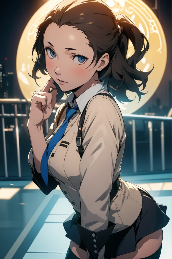 (Best quality, Ultra detailed, Golden ratio, Masterpiece:1.2), Theatrical lighting:0.7(ray tracing), 1 girl, Ryoji Mochizuki from Persona 3, turned into a woman, posing, athletic body, small thighs, small breasts,perky breasts, heart-shaped ass, tight pussy(shiny skin)(detailed skin) (perfect hands), posing, sexual, attractive, lewd, orgasmic, blushing, very feminine, wearing a School uniform, thigh highs(perfect eyes), on a rooftop at night