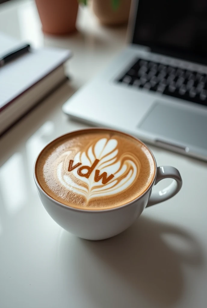 digital painting of a A cappuccino sits in a simple, white cup on a modern office table. The table is tidy, with a laptop, some notebooks and a pen next to it. (note the size ratio) The centerpiece, however, is the cappuccino: the barista has artfully designed the milk foam so that the letters "vdw" can be seen clearly and precisely on it. The letters are embedded in slightly curved lines and stand out perfectly from the creamy milk foam. The overall look conveys an atmosphere of professionalism and care, with a touch of creativity. 