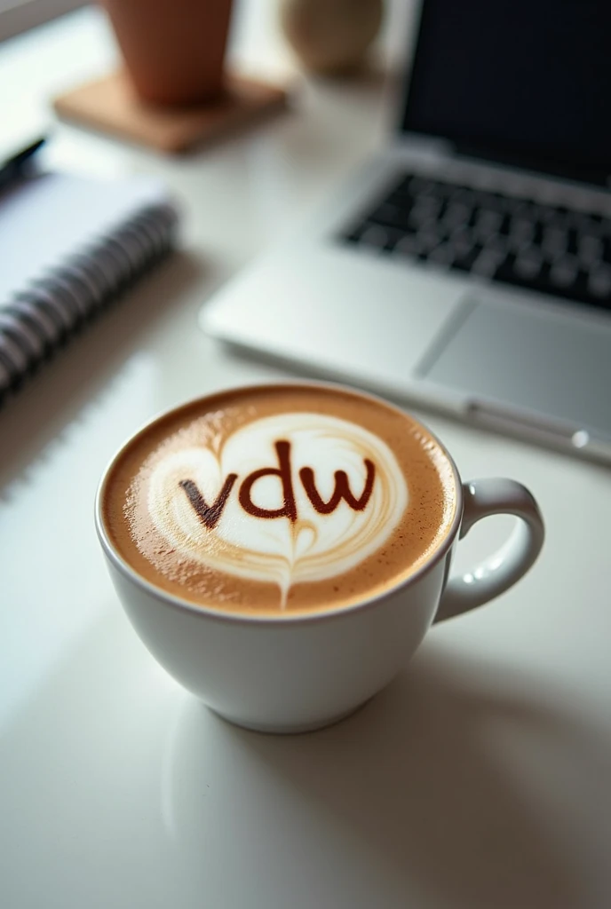 digital painting of a A cappuccino sits in a simple, white cup on a modern office table. The table is tidy, with a laptop, some notebooks and a pen next to it. (note the size ratio) The centerpiece, however, is the cappuccino: the barista has artfully designed the milk foam so that the letters "vdw" can be seen clearly and precisely on it. The letters are embedded in slightly curved lines and stand out perfectly from the creamy milk foam. The overall look conveys an atmosphere of professionalism and care, with a touch of creativity. 
