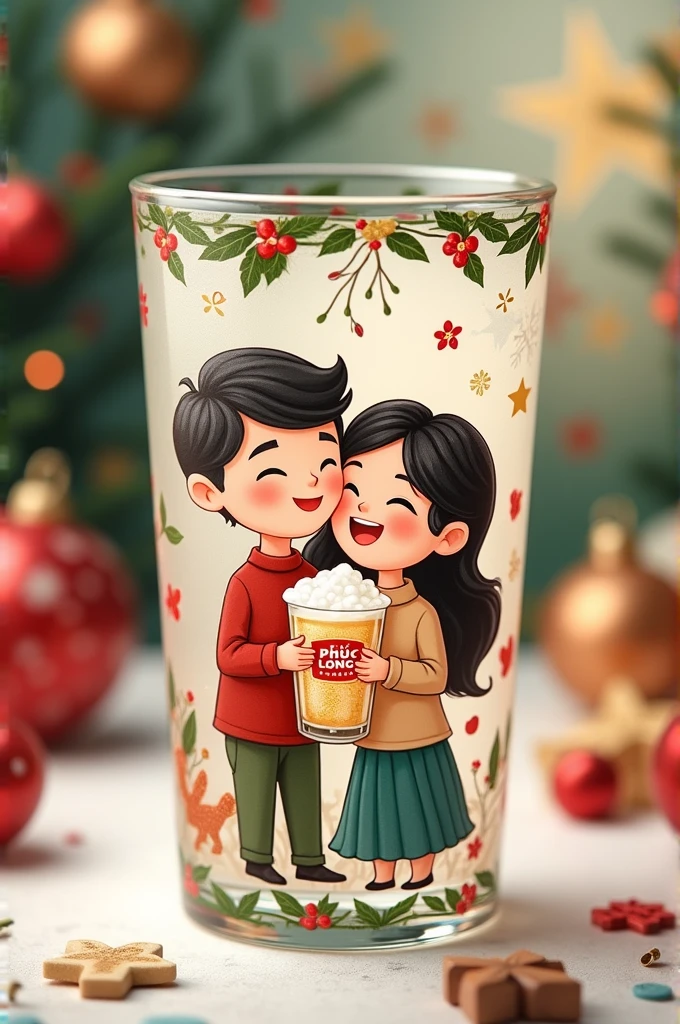 On Phuc Long water glass, has a cartoon image of a loving couple holding a glass of water with the Phuc Long logo drinking. Christmas theme cup background.