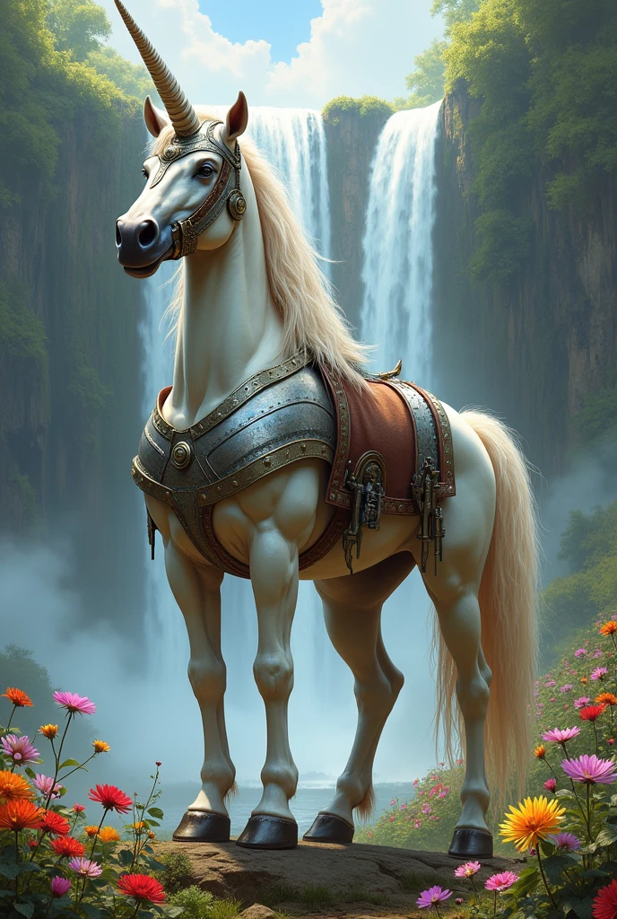 Unicorn with helmet and war vest with firearms, that is posing in a background with a waterfall with flowers and rainbow 