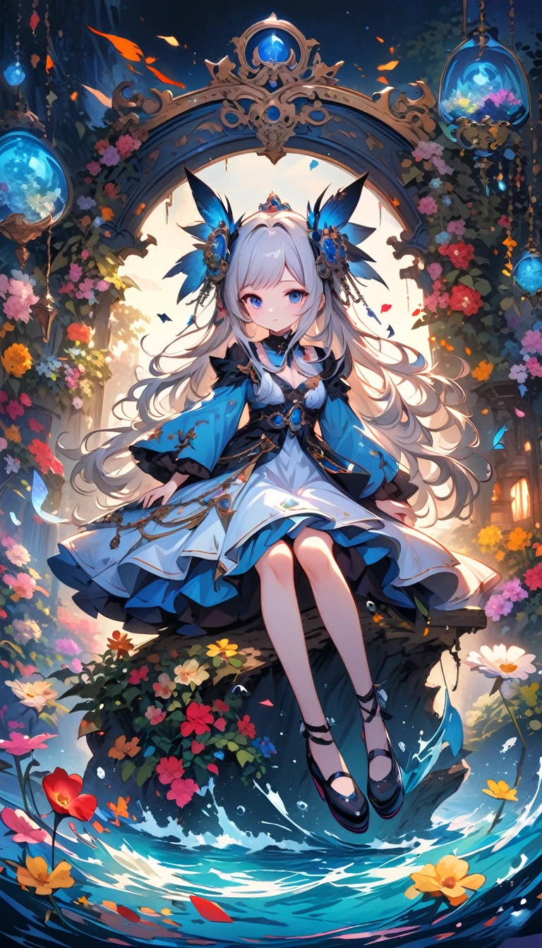 (masterpiece), (Highest quality), figure, Very detailed, High Dynamic Range, Depth of written boundary, (Rich and colorful), ,,This is a masterpiece that exudes exceptional quality. The figure is ultra-detailed, HDR technology creates a sense of depth. The theme is original, beautifully, Beautiful artwork, Bright colors,Full of fantasy elements. Girl sitting by the deep sea, Surrounded by running water, The background is a dark blue world tree, Located in the cemetery. Quiet and dreamy atmosphere、It gives the whole scene a soulful and charming feel.。. Her pale complexion, Sparkling Blue Eyes, Silver hair decorated with flowers,Create stunning portraits. She's wearing a gothic fashion style., poker face,Shut your mouth.. The background is white, transparent, Loop Options, 半transparentの青い蝶も飛んでいます,Energize.