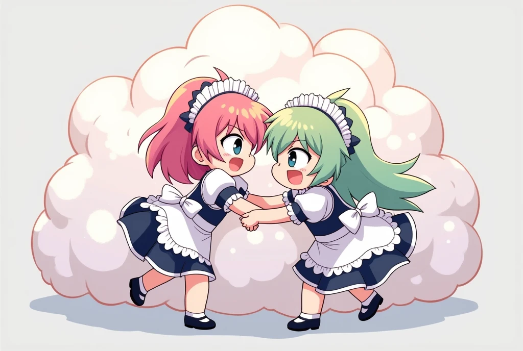 maid girls playfully wrestling in a bright gray comical battle cloud, different colored hair, faces and limbs visible, bodies hidden in the cloud, humorous and energetic nature of the brawl, fluffy and exaggerated battle cloud, anime style illustration