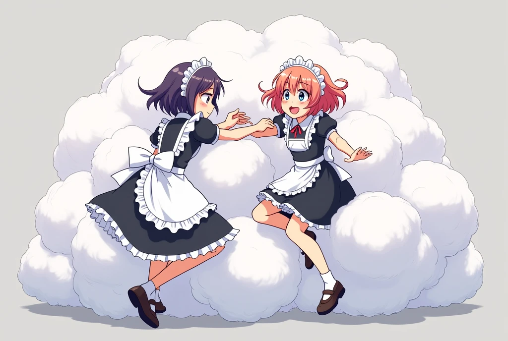 maid girls playfully wrestling in a bright gray comical battle cloud, different colored hair, faces and limbs visible, bodies hidden in the cloud, humorous and energetic nature of the brawl, fluffy and exaggerated battle cloud, anime style illustration