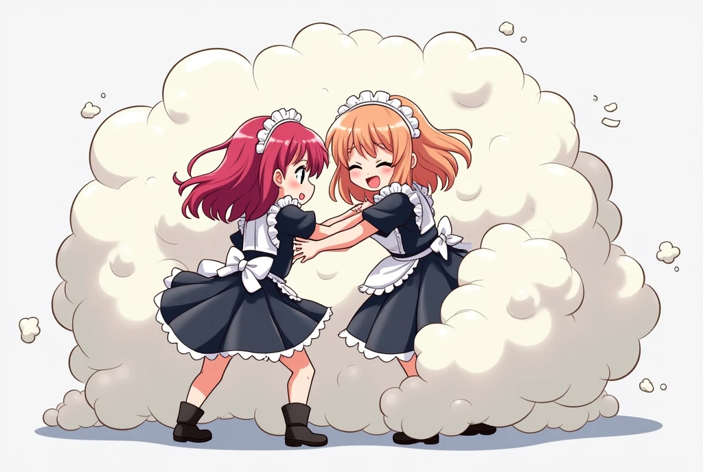 maid girls playfully wrestling in a bright gray comical battle cloud, different colored hair, faces and limbs visible, bodies hidden in the cloud, humorous and energetic nature of the brawl, fluffy and exaggerated battle cloud, anime style illustration