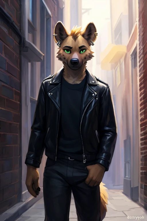 (((A brown and yellow anthropomorphic male hyena with green eyes and a nose ring
Earrings on his ears and rings on his his fingers
Wearing a black leather jacket and black pants in a alleyway
))), big chest wearing clothing , day, , sensual, detailed, uploaded to e621, beautiful and detailed portrait of an anthropomorphic , (((male))) uploaded to e621, zaush, foxovh, movie lighting, thicc, alone, movie cover, detailed, 8k res, hires, detailed eyes, good anatomy, good perspective, towards viewer, by bebebebebe, by sicklyhypnos, by gerkk, by orf, nice hands, perfect hands, happy, romantic, ray tracing lighting, rtx on