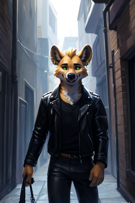 (((A brown and yellow anthropomorphic male hyena with green eyes and a nose ring
Earrings on his ears and rings on his his fingers
Wearing a black leather jacket and black pants in a alleyway
))), big chest wearing clothing , day, , sensual, detailed, uploaded to e621, beautiful and detailed portrait of an anthropomorphic , (((male))) uploaded to e621, zaush, foxovh, movie lighting, thicc, alone, movie cover, detailed, 8k res, hires, detailed eyes, good anatomy, good perspective, towards viewer, by bebebebebe, by sicklyhypnos, by gerkk, by orf, nice hands, perfect hands, happy, romantic, ray tracing lighting, rtx on