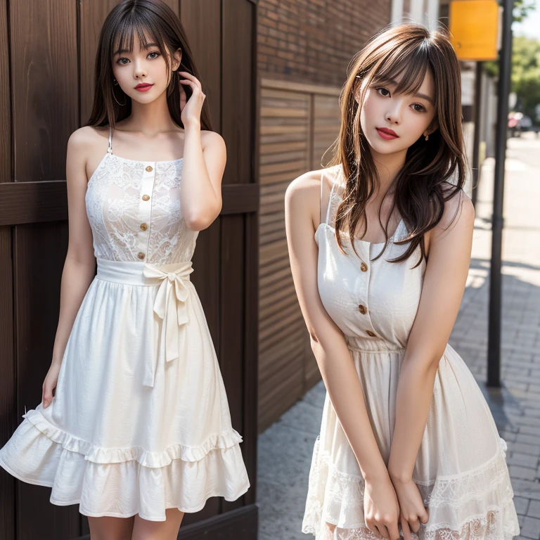 laughing out loud,(knee shot), 1 girl, On the face, light brown hair, blunt bangs, hair behind ears, Hair over the shoulders, long hair, Slender body type, Super thin face, face slimming, delicate lips, beautiful eyes, Thin blush, Eyes are light brown,Check it out here, (realistic:1.3), Standing next to a Japanese street, 8k, , Super detailed, high quality, best quality, High resolution, ,Large Breasts,H CUP, 3, The yellow color in the dress is very bright,almost lemon yellow,Colors like this instantly catch the eye,and convey a feeling of happiness and vitality。
Skirt shape and cut:
The sleeveless design of the dress fully exposes the shoulders and arms,Adds a refreshing feeling。
The A-line cut starts from the chest and gradually expands outwards,The skirt is around the knee,This length looks elegant,yet lively。
The skirt may have a nipped waist at the waist,emphasized her curves,Show off slender waist。
Material:
The skirt looks light and breathable,May be made of cotton or lightweight polyester,這些Material適合在炎熱天氣中穿著。
這種Material的裙子通常會有一定的垂墜感,Allows the skirt to flutter naturally when moving,Adds femininity。
Detailed design:
The dress may have some delicate details,For example, lace or wavy decoration on the edge of the skirt,These details can make the overall look more layered.。
Some dresses have small buttons or decorative zippers on the chest,This design is not only practical,Also adds a sense of fashion。
Matching and accessories:
overall atmosphere:
This kind of clothing is not only suitable for daily outings,Can also be worn at outdoor gatherings or summer parties,Show off her personality and style。
The overall look exudes confidence and ease,Make her stand out in any occasion。
This kind of dress not only shows her fashion sense,It also expresses a love for life。
