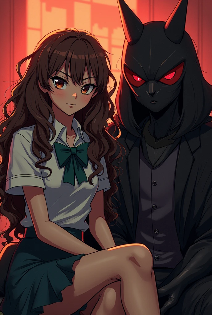 A female UA student from Boku no hero academia with long wavy hair with curls and brown eyes and dark skin sitting next to Himiko toga 