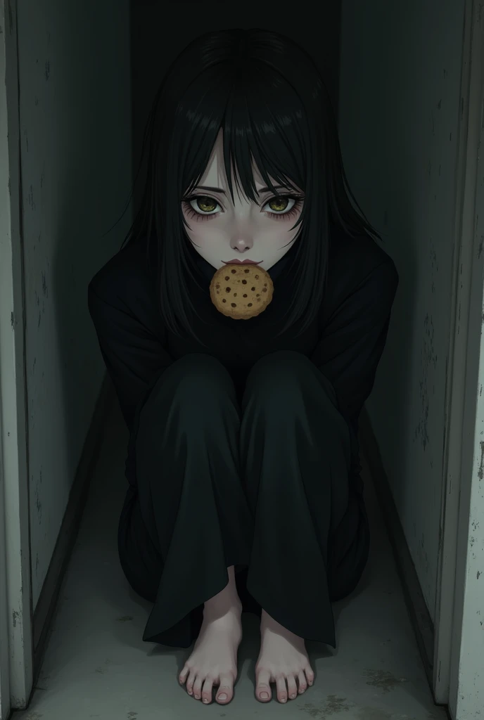 2 young girl, slightly messy long hair, looks sick, has pale skin and dark circles under her eyes, thin and , wears black clothes, is Korean, has big, black, deep eyes, is inspired by the character L from Death note.she is crouched down looking up with a cookie in her mouth
