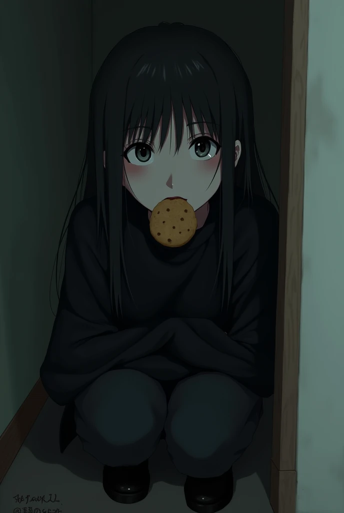 2 young girl, slightly messy long hair, looks sick, has pale skin and dark circles under her eyes, thin and , wears black clothes, is Korean, has big, black, deep eyes, is inspired by the character L from Death note.she is crouched down looking up with a cookie in her mouth