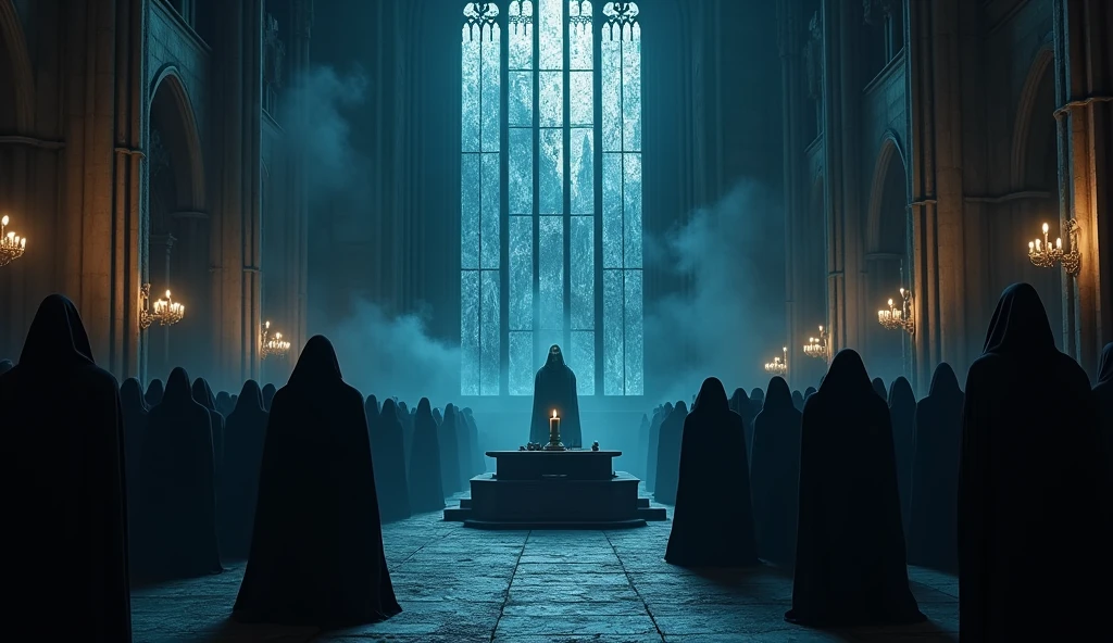 8k、Equipped with dark knight armor and sword ,large stained glass ,zoom up(number々の賞を受賞したmasterpiece、Incredible detail、Texture、Maximum details),blue flame candle, (summoning magic),(A cave with beautiful moonlight late at night), (dark ritual),(dark organization)arafed image of a group of people in a church with candles,lit candle, dark cinematic concept art, elegant cinematic fantasy art, photorealistic dark concept art, by Beeple, dark robes, wojtek fus, gothic epic library concept, gothic epic library, epic cinematic concept art, dark concept art, Beeple and mike winkelmann, symmetrical epic fantasy art, High resolution, masterpiece, Highest quality, Intricate details, Very detailed, Clear focus, practical skin texture, texture, Shot with Canon, 85mm, Shallow and deep, Kodak Vision Color, Exactly, Very detailed, photograph_\(Extremist\), photographpractical, practical, Post-processing, Maximum details, Roughness, Real Life, Extremist practical, Photorealism, photographgraphy, 8K Ultra HD, photographgraphy