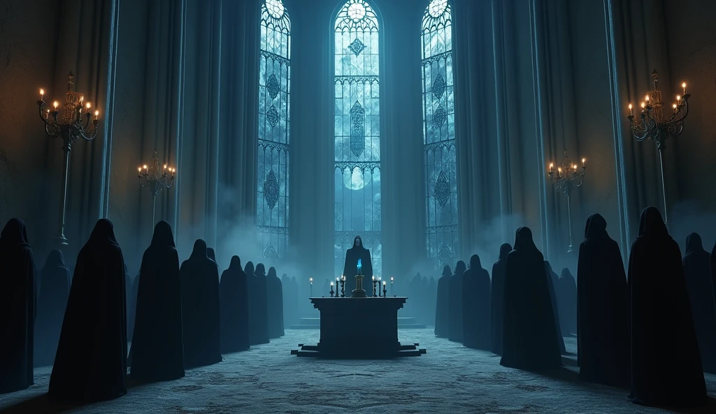 8k、Equipped with dark knight armor and sword ,large stained glass ,zoom up(number々の賞を受賞したmasterpiece、Incredible detail、Texture、Maximum details),blue flame candle, (summoning magic),(A cave with beautiful moonlight late at night), (dark ritual),(dark organization)arafed image of a group of people in a church with candles,lit candle, dark cinematic concept art, elegant cinematic fantasy art, photorealistic dark concept art, by Beeple, dark robes, wojtek fus, gothic epic library concept, gothic epic library, epic cinematic concept art, dark concept art, Beeple and mike winkelmann, symmetrical epic fantasy art, High resolution, masterpiece, Highest quality, Intricate details, Very detailed, Clear focus, practical skin texture, texture, Shot with Canon, 85mm, Shallow and deep, Kodak Vision Color, Exactly, Very detailed, photograph_\(Extremist\), photographpractical, practical, Post-processing, Maximum details, Roughness, Real Life, Extremist practical, Photorealism, photographgraphy, 8K Ultra HD, photographgraphy