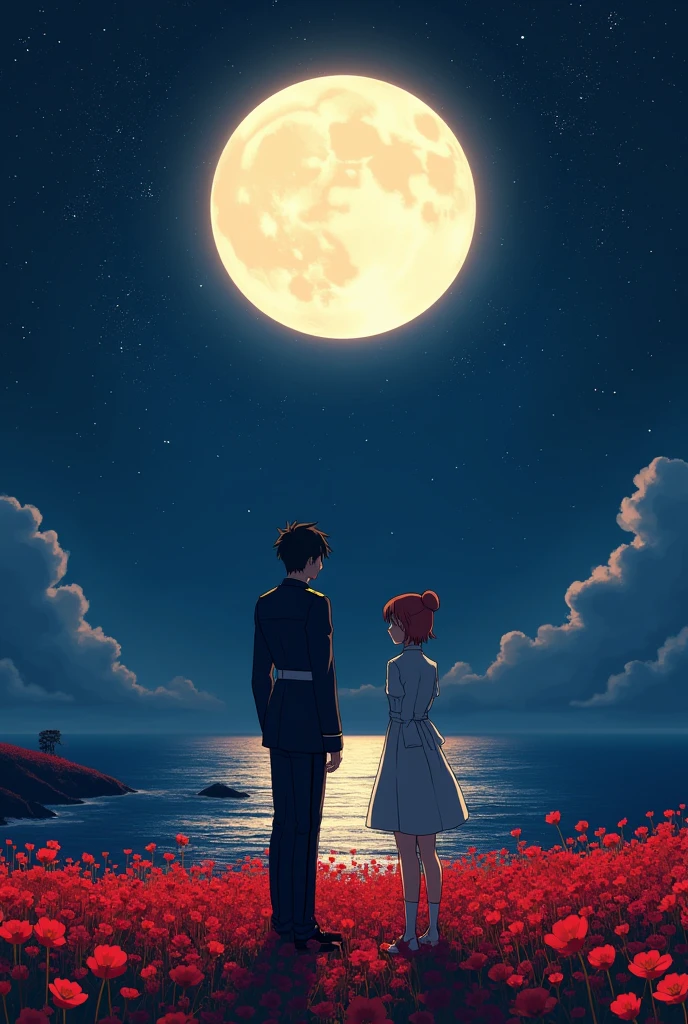 Two anime characters based on 86 anime, wearing military gala uniform standing on a field of small red flowers looking up to the starry night sky with big moon, near a sea, shot from a far. With a small juggernaut robot