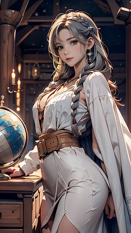 woman、Multi braid, ((multiple braids))、Silver Hair、Sexy proportions、Narrow waist、Galileo Galilei's Residence、Observation equipment, (Medieval telescope、Medieval terrestrial globes
