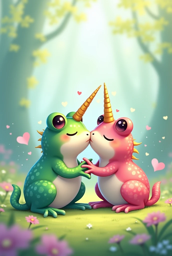 Unicorn frogs kissing in a kawaii anime style