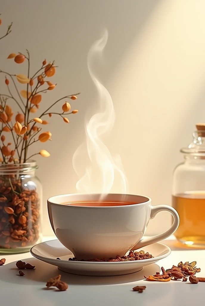 cup of tea with a glass jar next to it containing dried aromatic leaves