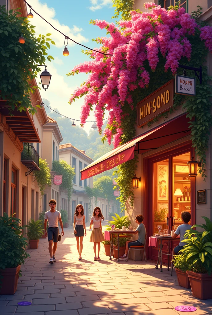 Animated bougainvillea Street with an evening breeze , a Street cafe , sunlight pouring into the shop glass