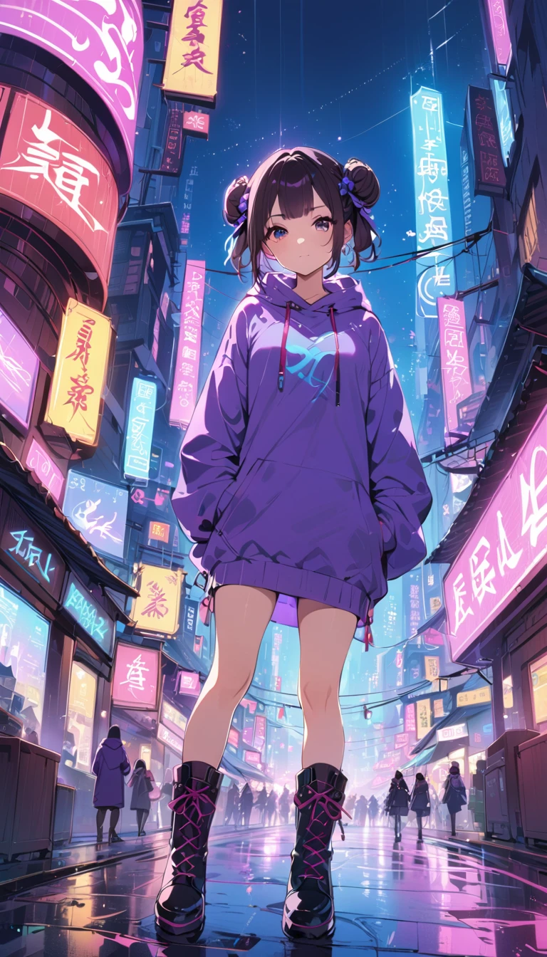 (((masterpiece, Highest quality, One person, alone))), (((two side bun hairstyle, Brown Hair,Side Up, Very short, round eyebrows:1.8, bangs, Beautiful Eyes, Slightly droopy eyes, Black Eyes))), (smug face, :3 face, smug face, Close your mouth, Red round cheeks, Mouth ω) View your viewers, 1, (((Navy blue Chinese style hoodie, Purple hoodie strings), Dark blue long boots)), Small breasts, ((whole body, arms behind)), from the front, full moon, A city full of neon lights in China, Many faint particles of light on the entire screen,