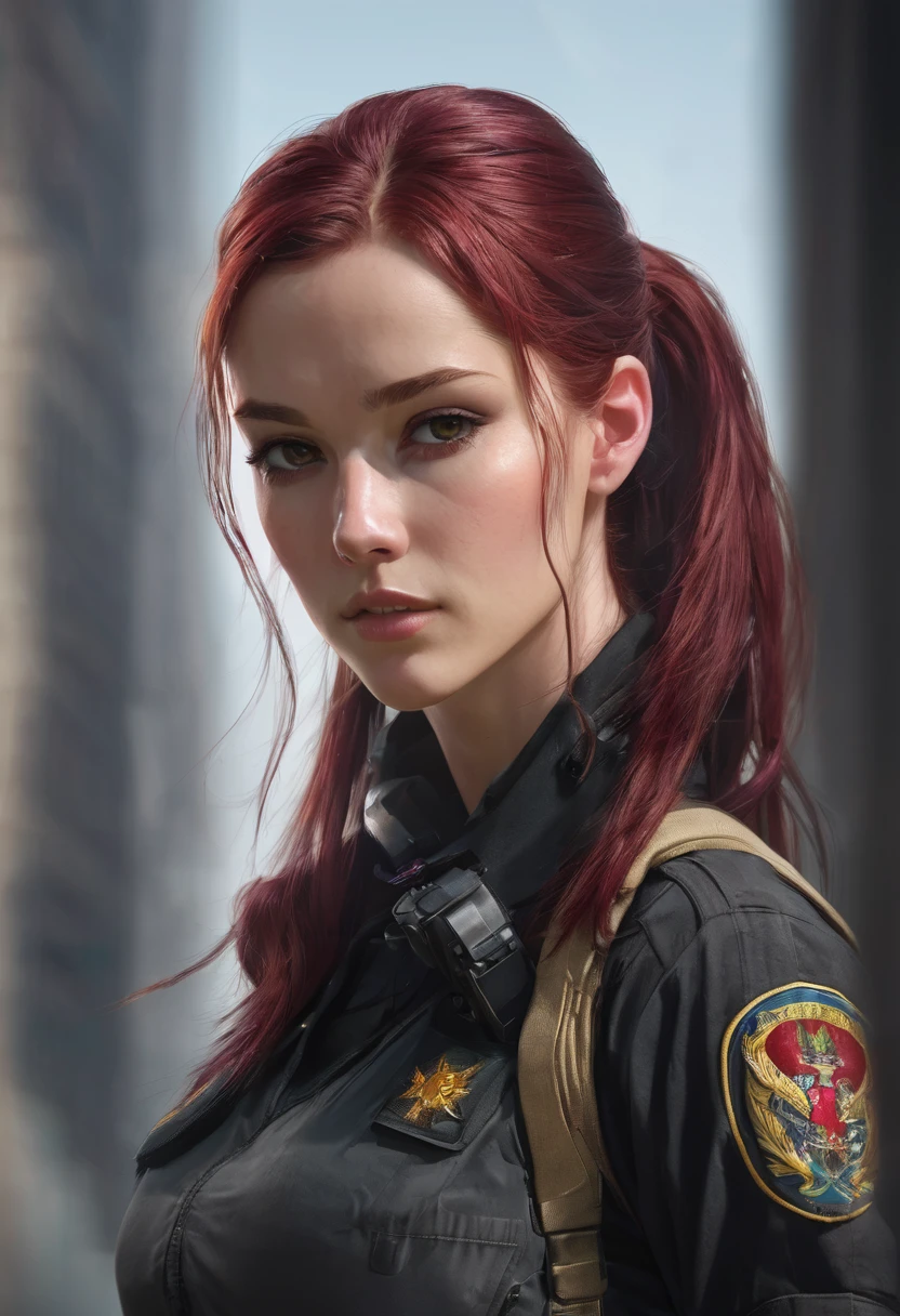 ((best quality)), ((artwork)), ((extremely detailed face)), ((perfect lighting)), ((extremely detailed CG)), ((perfect hands, perfect anatomy)) Appearance= Pale-skinned; hazel eyes; maroon-red hair that is usually tied into a bun, long hair; high cheekbones, strong jawline; tall, athletic build, slender figure, back scars, large full breast size, ddd-cup breasts, large butt size; black tactical uniform
Personality= Serious, disciplined, loyal, calm
Reputation= Exceptional long-range shooter
Occupation= Mercenary