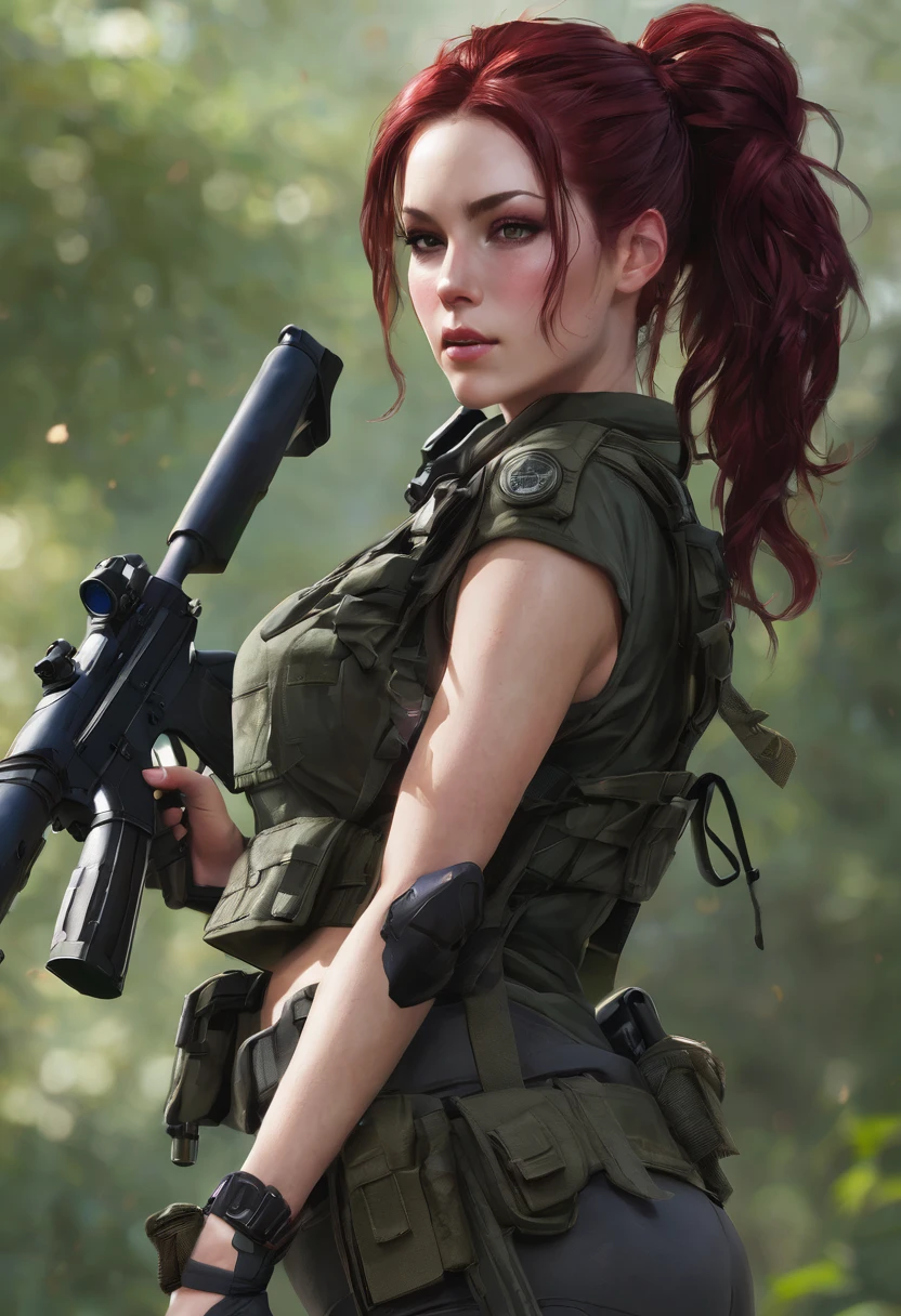 ((best quality)), ((artwork)), ((extremely detailed face)), ((perfect lighting)), ((extremely detailed CG)), ((perfect hands, perfect anatomy)) Appearance= Pale-skinned; hazel eyes; maroon-red hair that is usually tied into a bun, long hair; high cheekbones, strong jawline; tall, athletic build, slender figure, back scars, large full breast size, ddd-cup breasts, large butt size; black tactical uniform
Personality= Serious, disciplined, loyal, calm
Reputation= Exceptional long-range shooter
Occupation= Mercenary