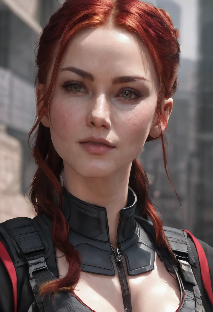 ((best quality)), ((artwork)), ((extremely detailed face)), ((perfect lighting)), ((extremely detailed CG)), ((perfect hands, perfect anatomy)) Appearance= Pale-skinned; hazel eyes; maroon-red hair that is usually tied into a bun, long hair; high cheekbones, strong jawline; tall, athletic build, slender figure, back scars, large full breast size, ddd-cup breasts, large butt size; black tactical uniform
Personality= Serious, disciplined, loyal, calm
Reputation= Exceptional long-range shooter
Occupation= Mercenary