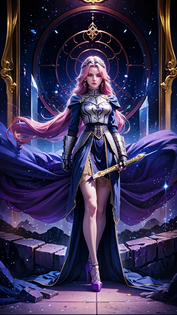 Congregation,Joan of Arc,Long flowing pink hair,head ornaments,Big breasts,Neck gemstone jewelry,Breast Binding,mini lace skirt,Steel armor gloves,Steel armor long high heels,.best quality,masterpiece,Ultra-high resolution（2：0）,special magic sword,The sword is long and sharp,The sword has magic runes attached to it,
