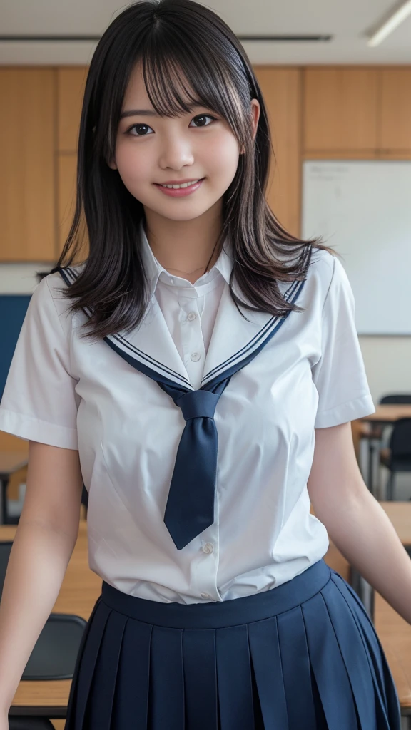 (Highest quality,masterpiece:1.3,Ultra-high resolution),(Very detailed,8k),(Realistic:1.4,RAW shooting)。A cute  young woman。The best smile。Small Bust。A cup breasts。Plump figure。Student uniform。School classroom。