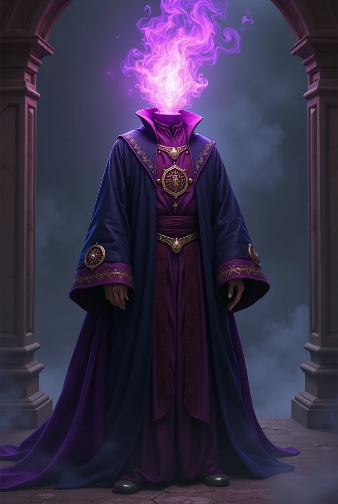 Headless scholar, his head is a blazing purple flame, the color of his scholar uniform is a mix of black purple and red