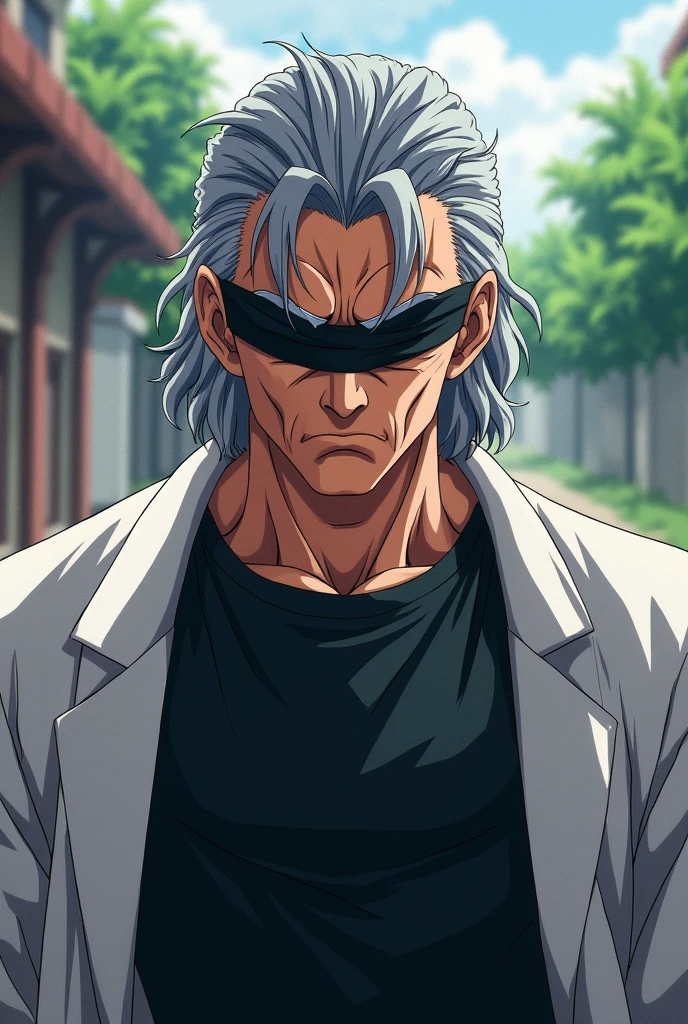 A boy with a black band in front of both eyes, he has dark gray hair, he wears a black t-shirt with a white coat underneath, make him like a dragon ball anime, an older character with the band covering his entire eye with the white coat underneath the black clothes.