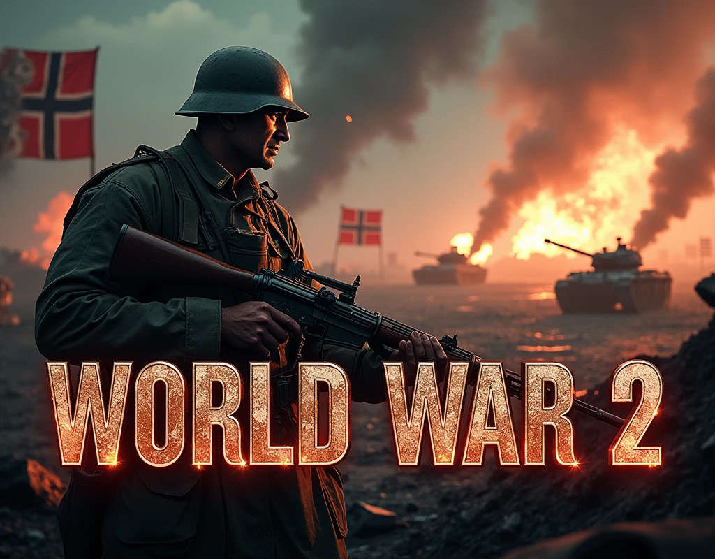 Create a YouTube thumbnail about “World War 2” with a dramatic and intense visual style. The background should include a war-torn battlefield scene with smoke, explosions, and debris. Place iconic symbols like a broken Nazi flag, tanks, and soldiers charging. On one side, depict a soldier in a helmet with a determined expression, gripping a rifle. On the opposite side, show a warplane in mid-flight with bullets or missiles shooting out. Use bold, large text for the title “World War 2” in strong, metallic, or distressed font, with a fiery glow or shadow for emphasis. The overall color scheme should have dark, moody tones, with flashes of orange and red to convey action and urgency. The thumbnail should feel epic, historical, and gripping.