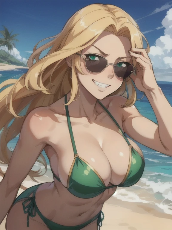 1female, solo, a woman in her mid-thirties, 5 feet 2 inches, long wavy blonde hair, emerald eyes, olive-tan skin, sunglasses, green bikini, looking at viewer, holding a beer can, serious, grin, blush, standing, outside, beach, ocean, blue sky, high quality, masterpiece, cowboy shot, dynamic angle, portrait, Beautiful digital artwork, (mature female),(shiny skin),(looking at viewer),(anime style)
