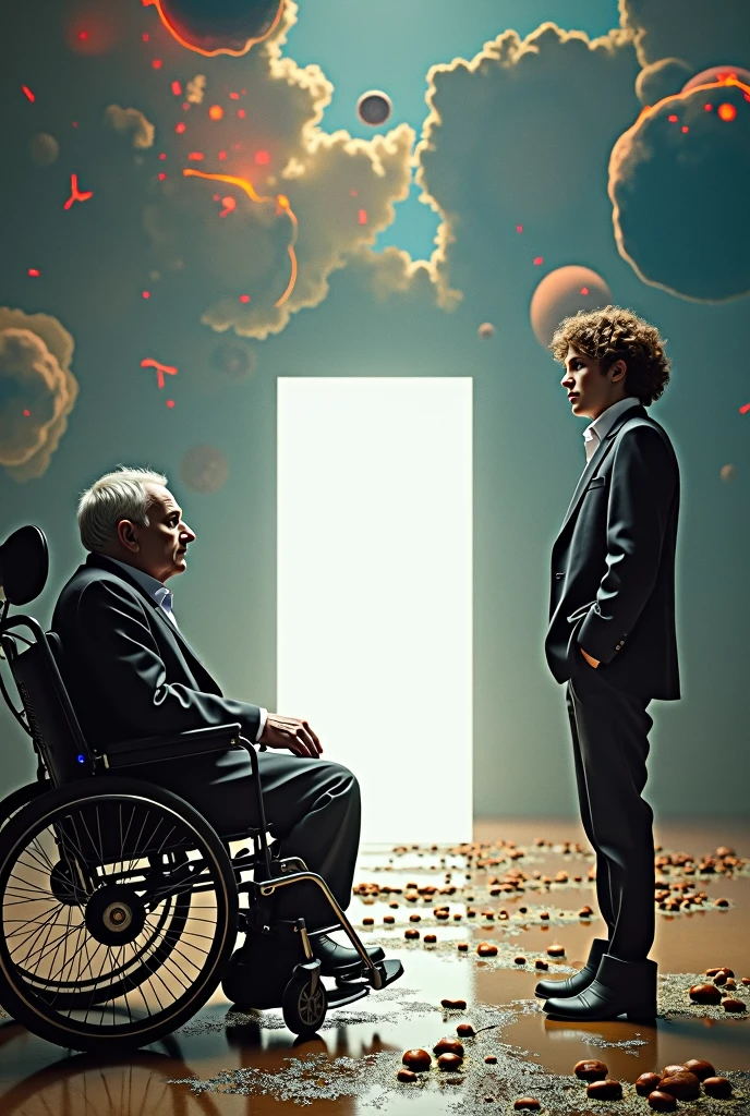 Create a 2D image where they are, Stephen Hawking on the other side and John Lennon with curly hair in the middle; in the background images of quantum entanglement with a white box in the middle