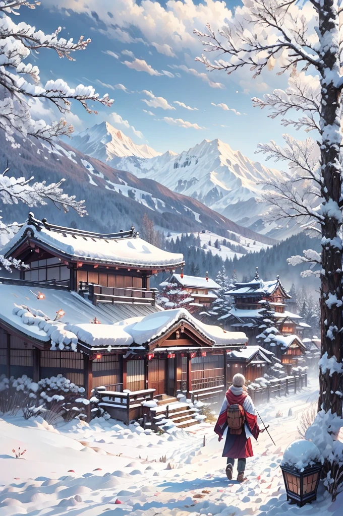 (Best Quality, 8K, masutepiece :1.3), snow mountains, Quiet snow-capped landscape, Breathtaking natural landscapes, Outside, traditional japanese building, quiet mountain resort, A quiet winter wonderland, Snow-covered peaks, Majestic beauty, pristine white snow,