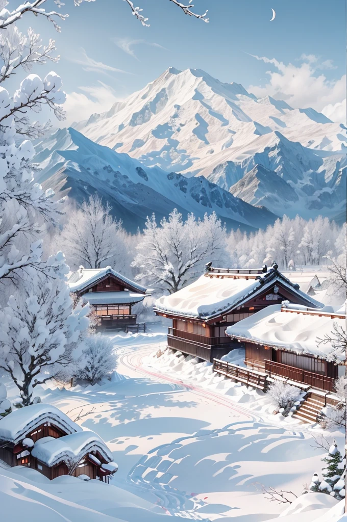 (Best Quality, 8K, masutepiece :1.3), snow mountains, Quiet snow-capped landscape, Breathtaking natural landscapes, Outside, traditional japanese building, quiet mountain resort, A quiet winter wonderland, Snow-covered peaks, Majestic beauty, pristine white snow,