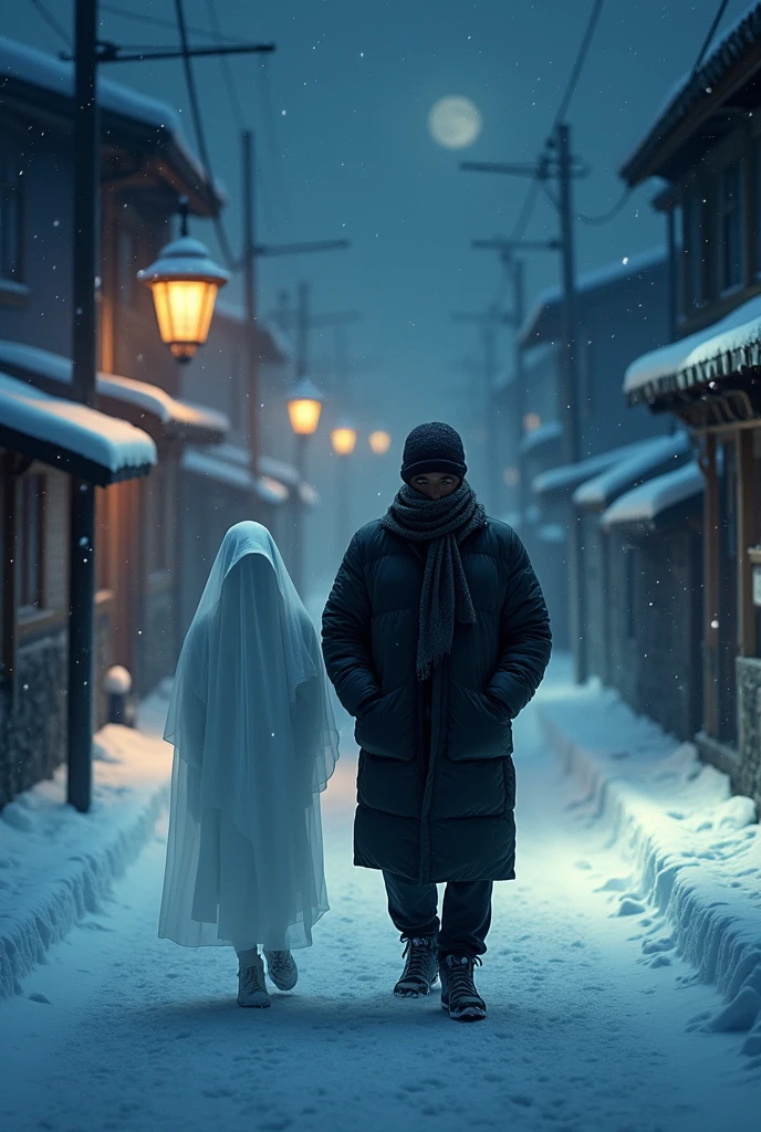 A man walking through the streets of Korea on a snowy night and next to him a spirit of an adult man