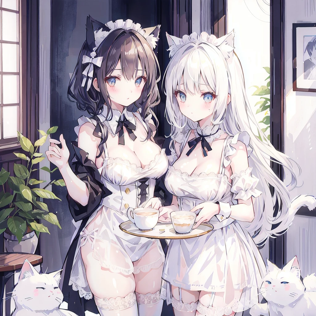 Bare shoulders,Plump breasts,white cat ears,White lace lingerie,White lace panties,maid outfit,cafes