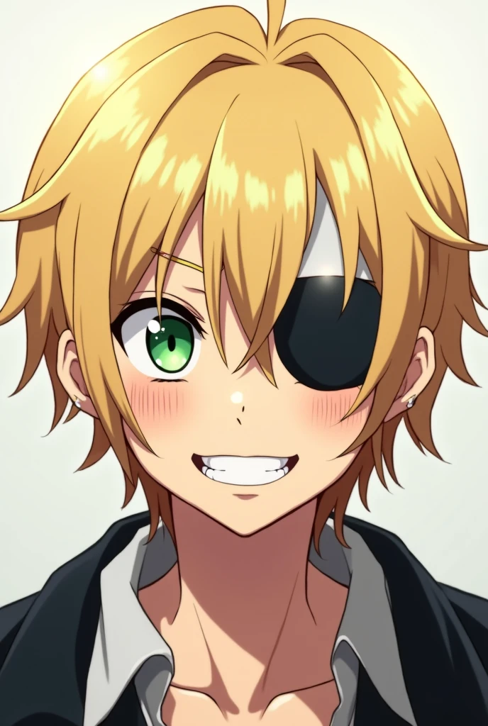 an anime boy with medium light blonde hair, a triangle-shaped lock of her hair with bangs with green eyes and a radiant smile with an eye patch on her left eye and some scratches on her face, not tender, rougher, and his hair a little more flattened