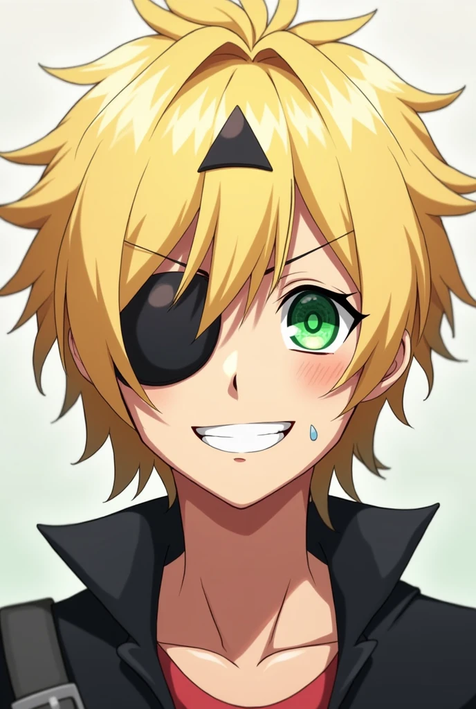 an anime boy with medium light blonde hair, a triangle-shaped lock of her hair with bangs with green eyes and a radiant smile with an eye patch on her left eye and some scratches on her face, not tender, rougher, and his hair a little more flattened
