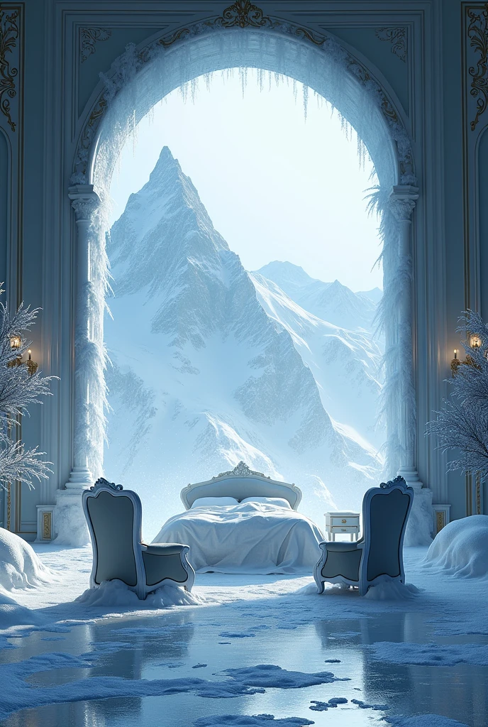 inside a beautiful and large room that has several chairs, mirrors and a bed almost frozen by the ice and snow of several mountains.