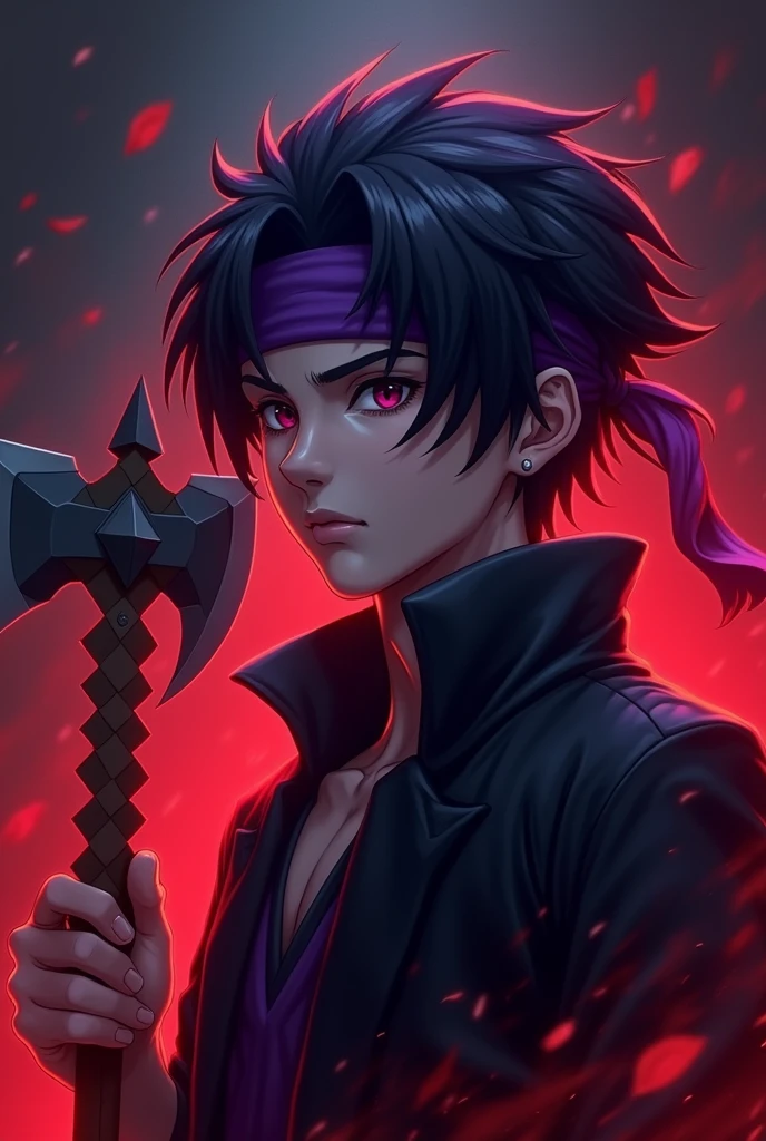 a young anime boy with purple headband, deadly aura, hyperrealistic, detailed face, beautiful eyes, striking expression, dark clothing, mysterious background, cinematic lighting, dramatic shadows, digital painting, concept art style, vibrant colors, moody atmosphere, fantasy theme. age must be like 25 and there must be a minecraft diamond axe in the back also make the background theme red . charecter must not be realistic where is the axe. axe must be visible. it must be aminecraft axe. the diamond minecraft must be visible. make the axe look its on his hand but a little.make it in a minecraft theme. also it should look like a youtube logo.