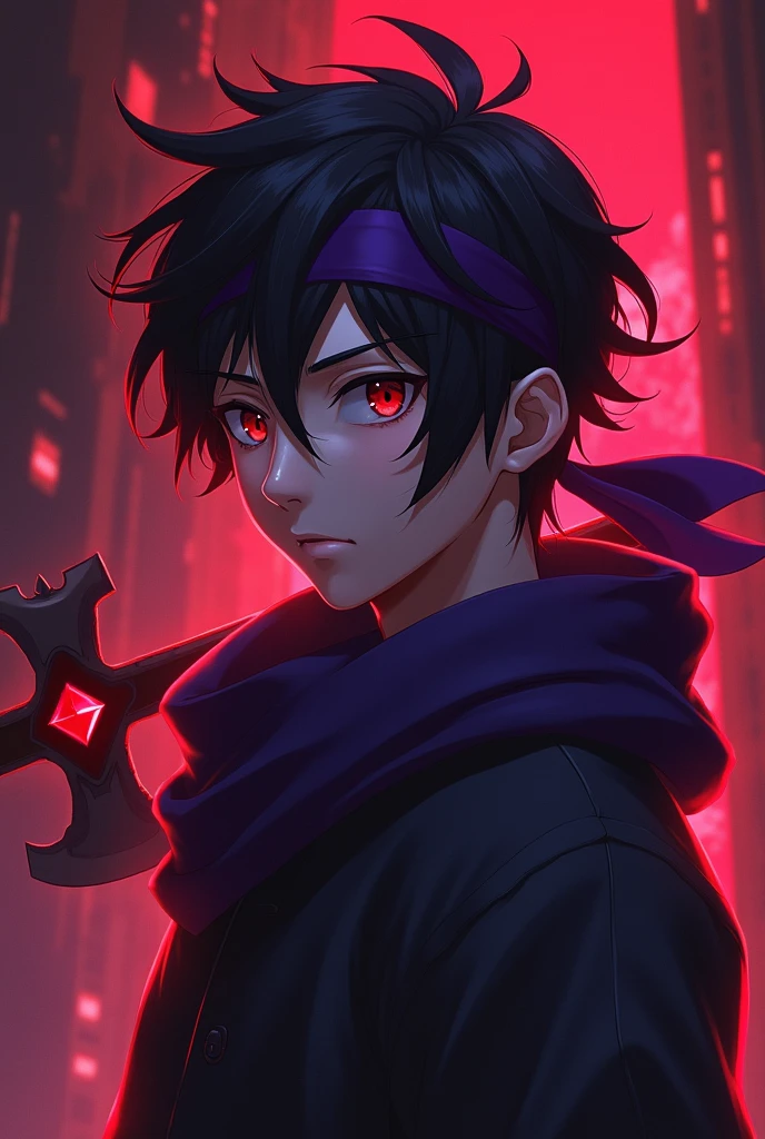 a young anime boy with purple headband, deadly aura, hyperrealistic, detailed face, beautiful eyes, striking expression, dark clothing, mysterious background, cinematic lighting, dramatic shadows, digital painting, concept art style, vibrant colors, moody atmosphere, fantasy theme. age must be like 25 and there must be a minecraft diamond axe in the back also make the background theme red . charecter must not be realistic where is the axe. axe must be visible. it must be aminecraft axe. the diamond minecraft must be visible. make the axe look its on his hand but a little.make it in a minecraft theme. also it should look like a youtube logo.