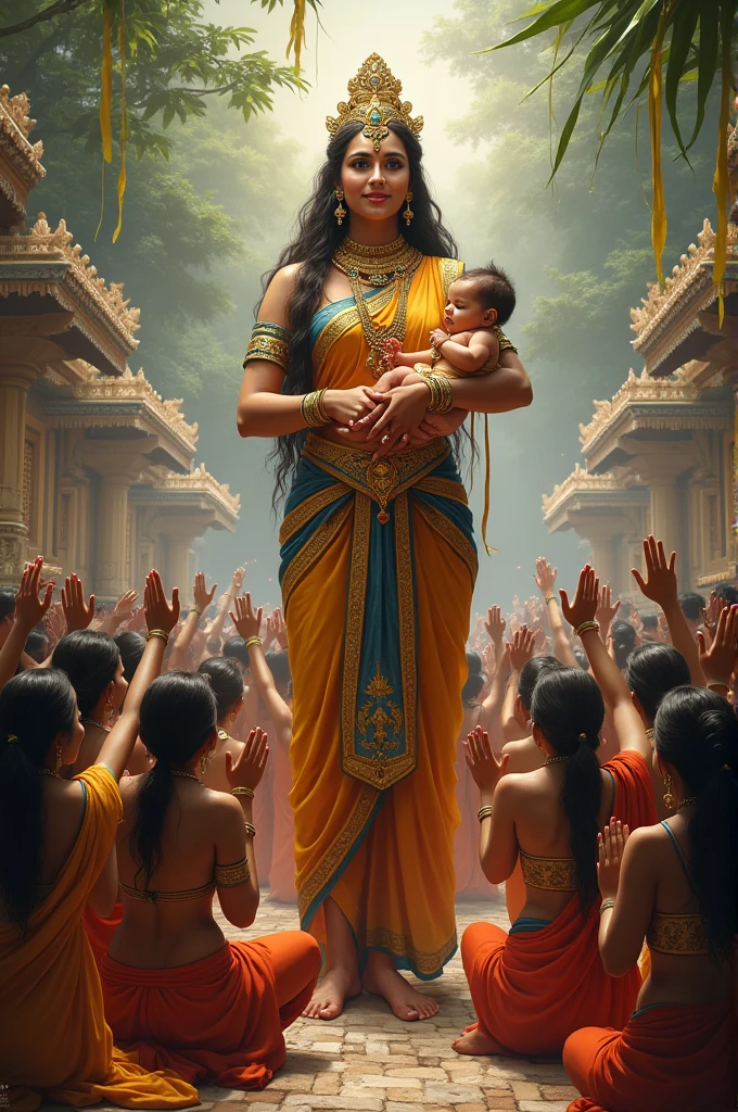 A woman with baby Indian godess essaki amman the people are worshipping