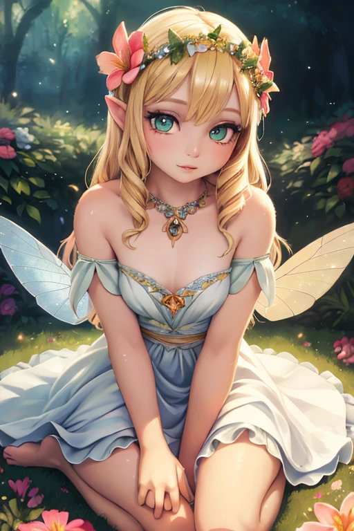 1 fairy girl, portrait, garden, flowers, butterflies, hummingbirds, bees, sitting on grass, flower crown, blonde hair, green eyes, fair skin, fairy wings, white dress, barefoot, (best quality, 4k, 8k, high-res, masterpiece:1.2), ultra detailed, (realistic, photorealistic, photorealistic:1.37), surreal, hyper detailed, fantasy, vibrant colors, dramatic lighting, volumetric lighting, beautiful detailed eyes, beautiful detailed lips, extremely detailed eyes and face, long eyelashes, mystical, ethereal