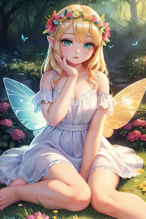 1 fairy girl, portrait, garden, flowers, butterflies, hummingbirds, bees, sitting on grass, flower crown, blonde hair, green eyes, fair skin, fairy wings, white dress, barefoot, (best quality, 4k, 8k, high-res, masterpiece:1.2), ultra detailed, (realistic, photorealistic, photorealistic:1.37), surreal, hyper detailed, fantasy, vibrant colors, dramatic lighting, volumetric lighting, beautiful detailed eyes, beautiful detailed lips, extremely detailed eyes and face, long eyelashes, mystical, ethereal